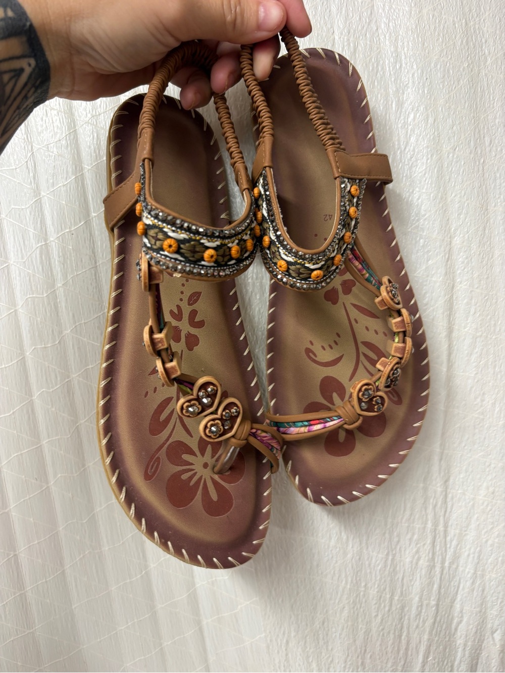 Beaded Brown Women's T-Strap Sandals